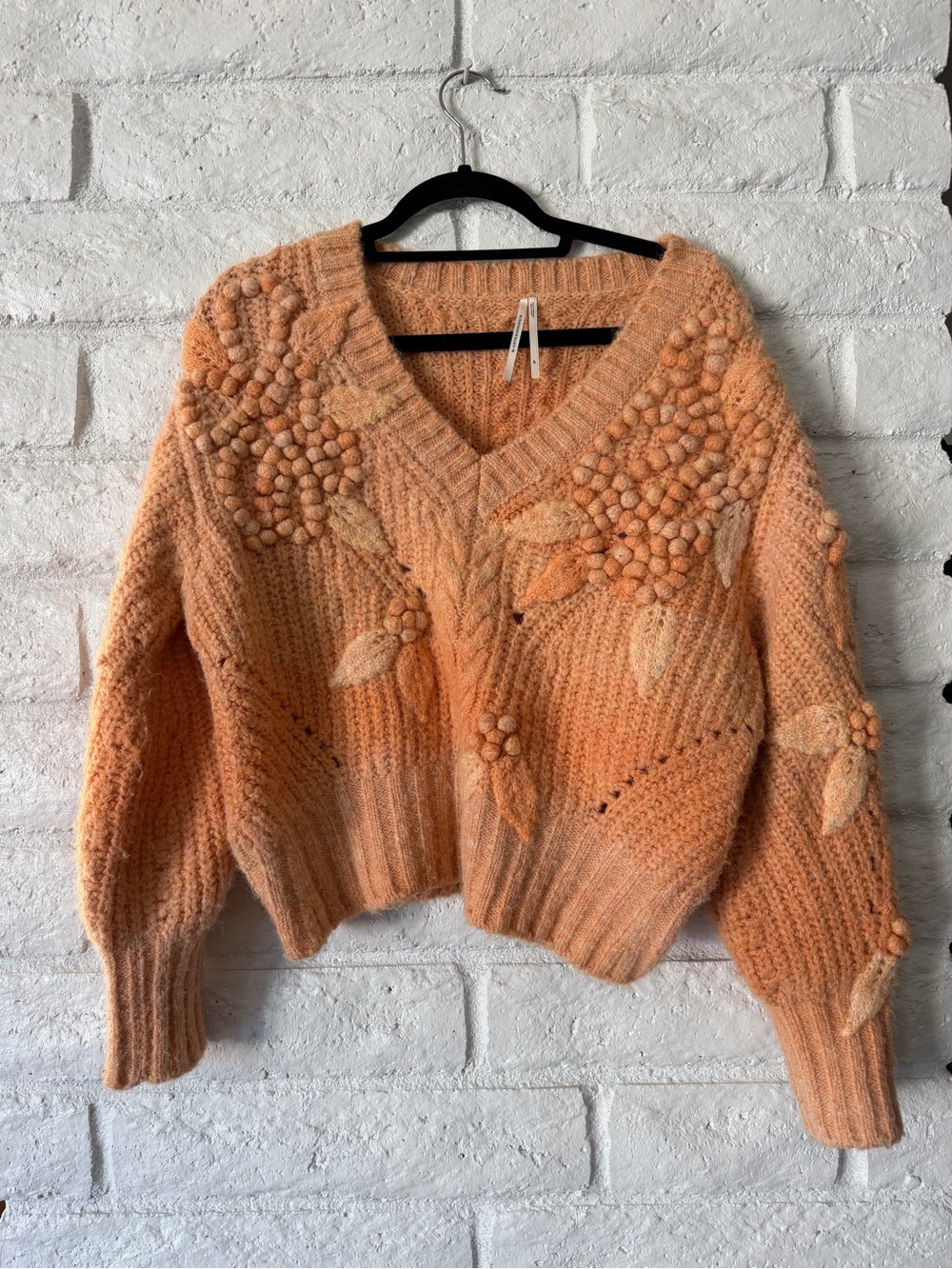 Anthropologie Peach V-Neck Pom-Pom Floral Knit Sweater